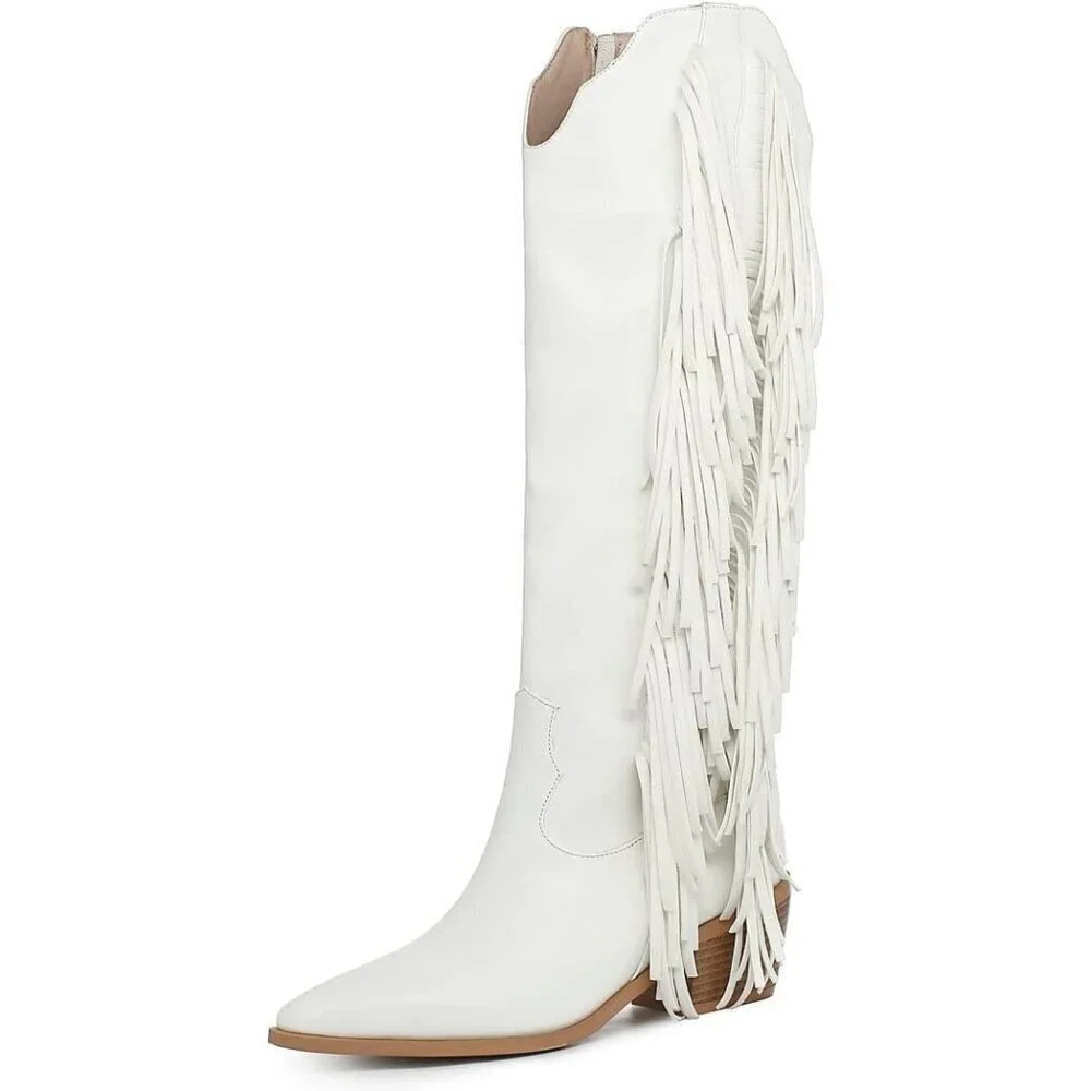 Women White Synthetic Fringe Tassels Pointed Toe Knee High Western Cowgirl Boots